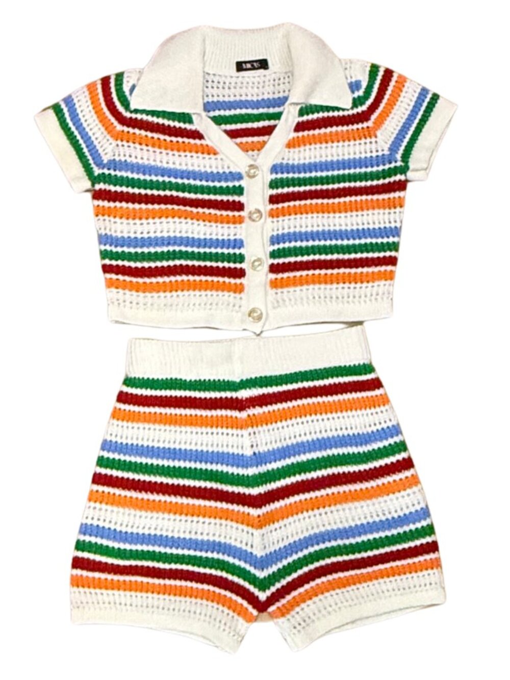 Retro Striped Crocheted Knit 2 Piece Set Shorts and Top Size Small